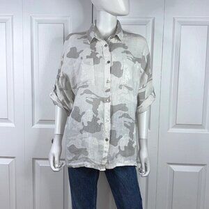 MADE IN ITALY women's Grey camo print linen blouse XL LIKE NEW!!